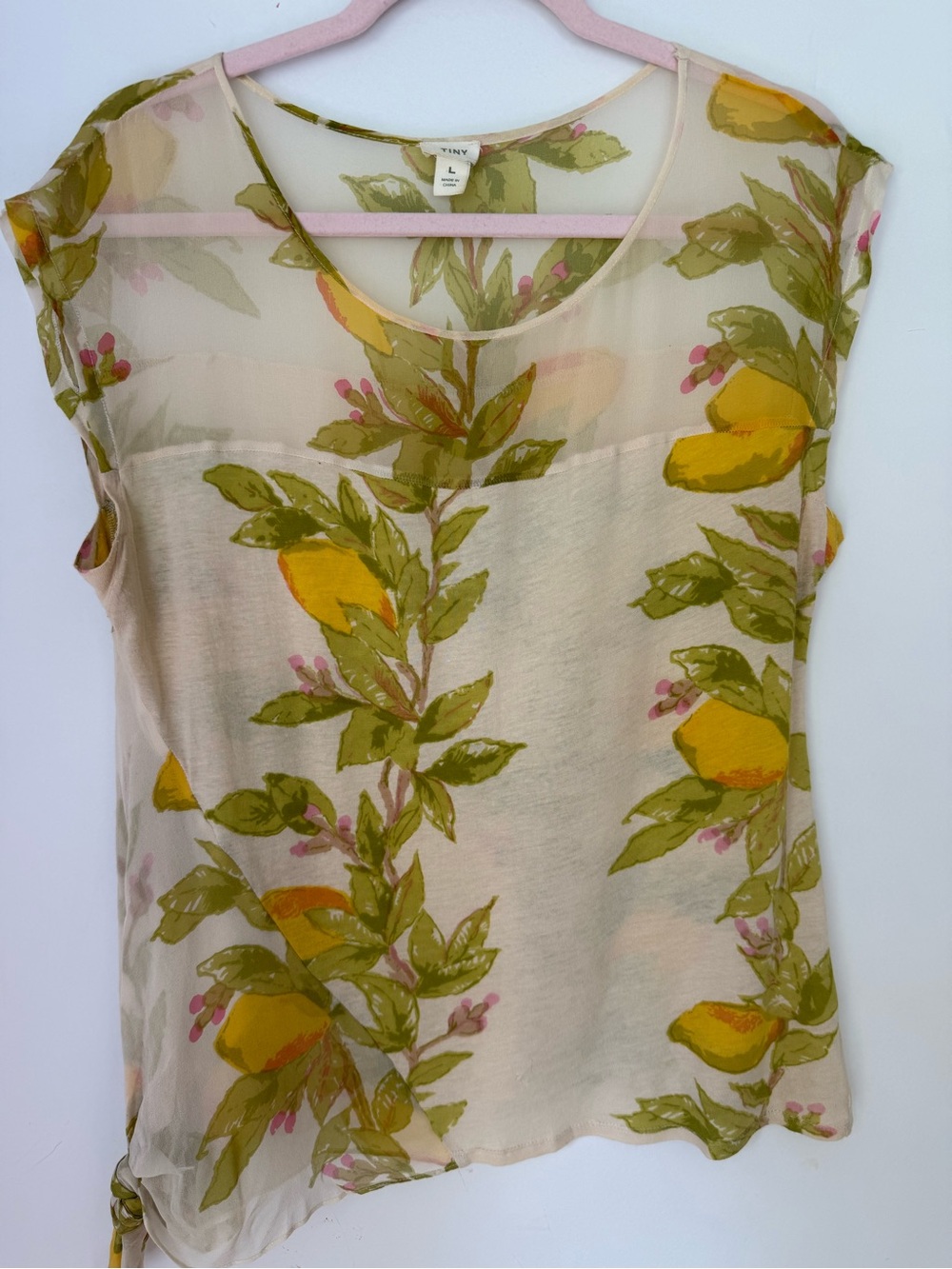 Anthropologie Tiny L Lemon Print Silk Sheer Cotton Blouse Tie Hem Top